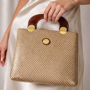 Vintage 1960s Cream Metal Mesh Tote Brown Lucite Handles Gold Snap